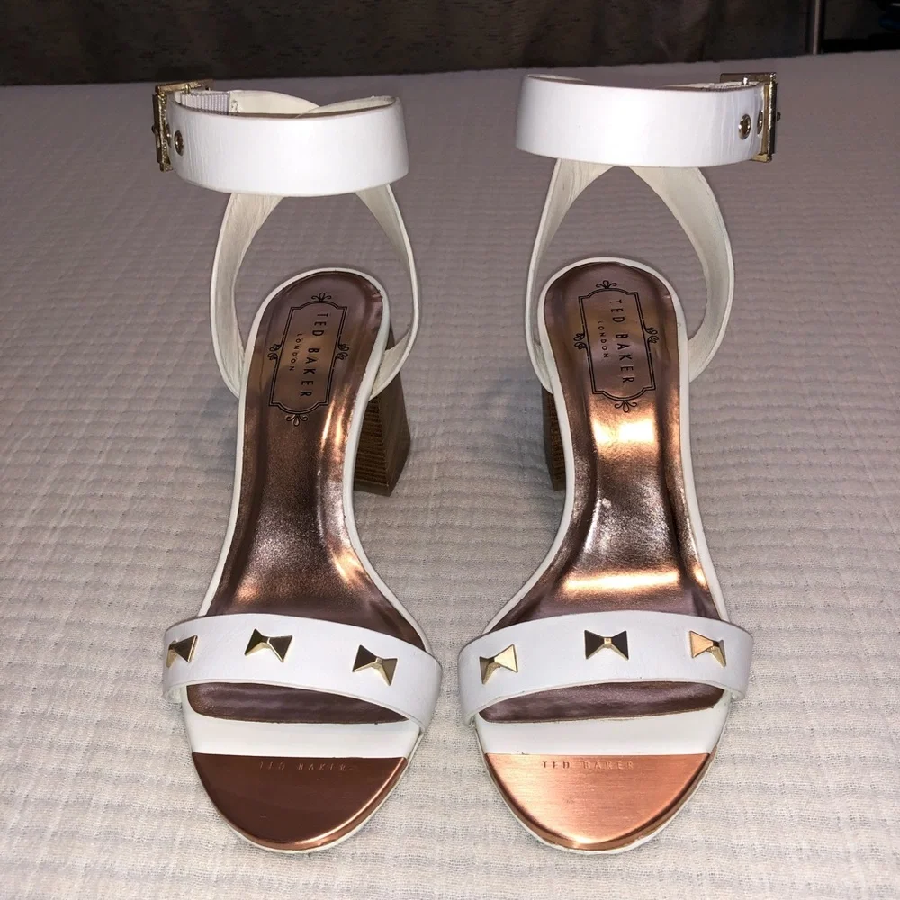 Ted Baker Biah White Studded Block Heeled Sandal (Size: 35.5; US 5)
